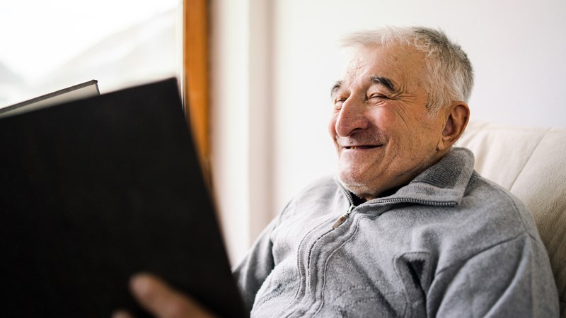 A person at home reading a book sitting on a chair