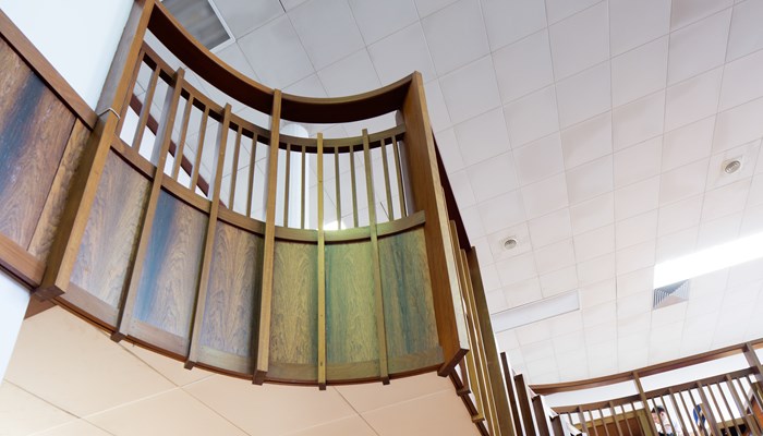 Wooden panelling on the mezzanine at Hillhead Library.