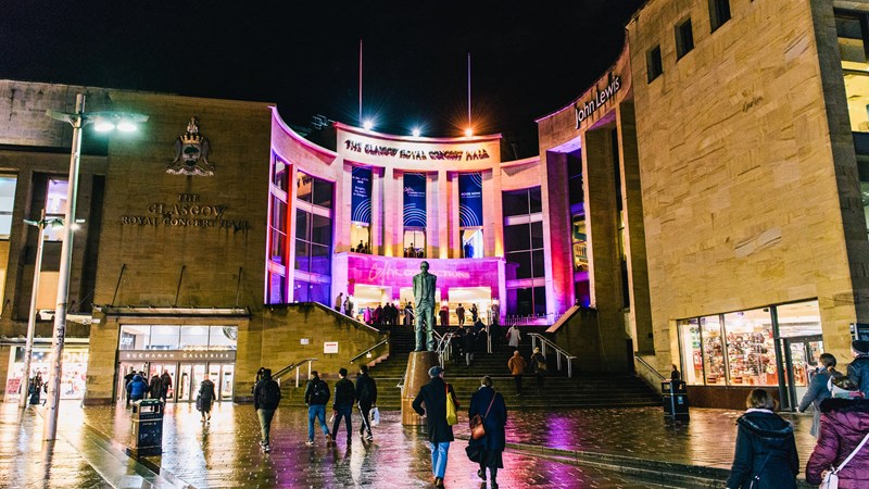 Glasgow Royal Concert Halls main entrance, dramatically lit at night