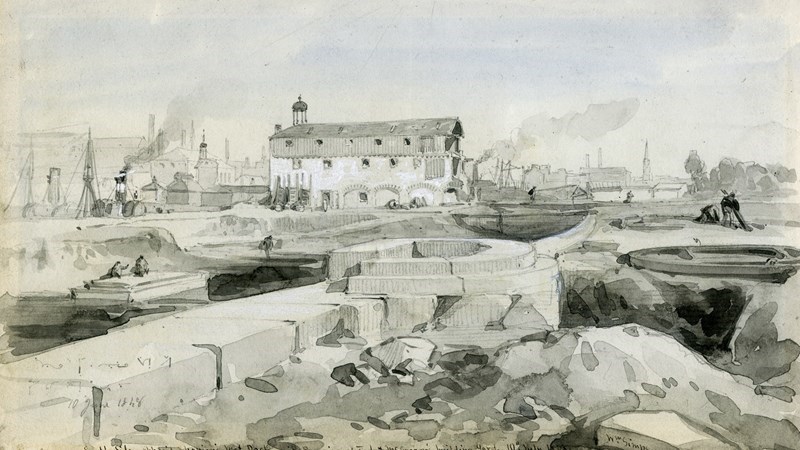 Black and white watercolour showing pastoral scene