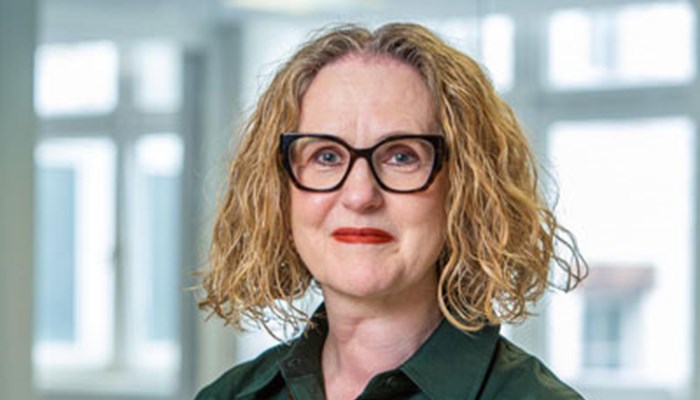 A headshot of Susan Deighan, a person with curly red hair, wearing glasses, a green shirt and beaded wooden necklace