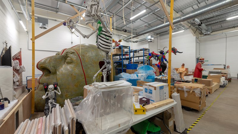 Photograph showing a range of some of the unusual and unexpected objects being stored in Glasgow Museums Resource Centre.