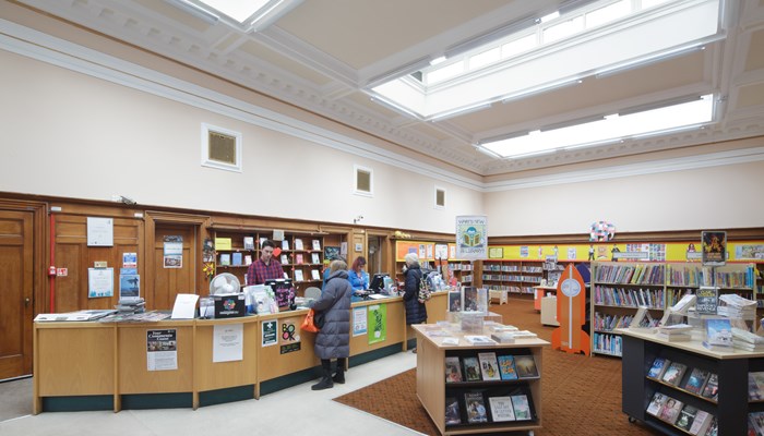 The information desk at Pollokshields Library.