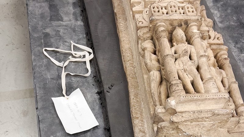 An ornately carved panel in the process of being packed in advance of repatriation.