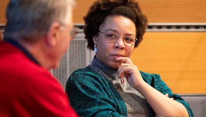 Two people talking during a workshop for the Sauchiehall Street: Culture and Heritage District at the Centre for Contemporary Arts.