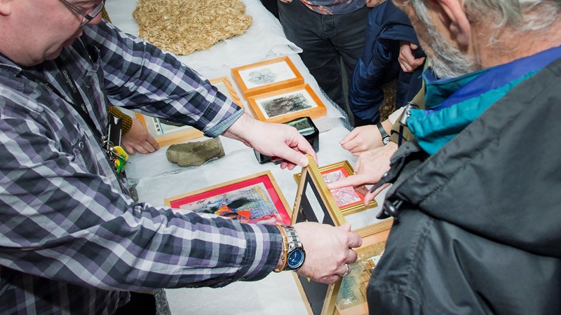 Photograph showing a selection of picture frames holding images, out for sharing in a community centre.