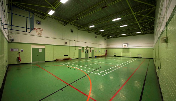 games hall which is marked out for different games. the floor is marked in green with white, black and red lines for the games. the walls are painted light green. there is a basketball net on the far wall