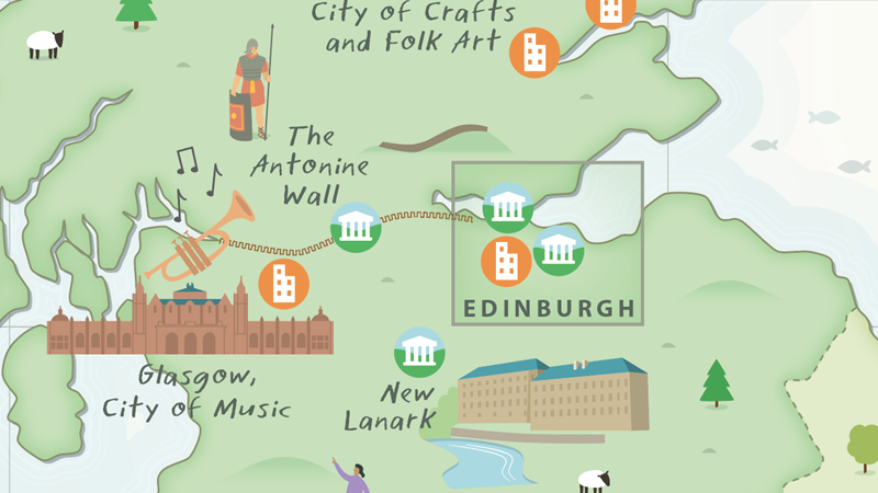 Excerpt of a UNESCO map of the UK showing all their destinations. This section focuses in on Glasgow and the central belt of Scotland. 