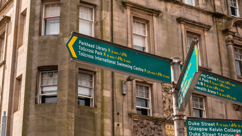 Signposts in the Calton area in the East End of Glasgow.